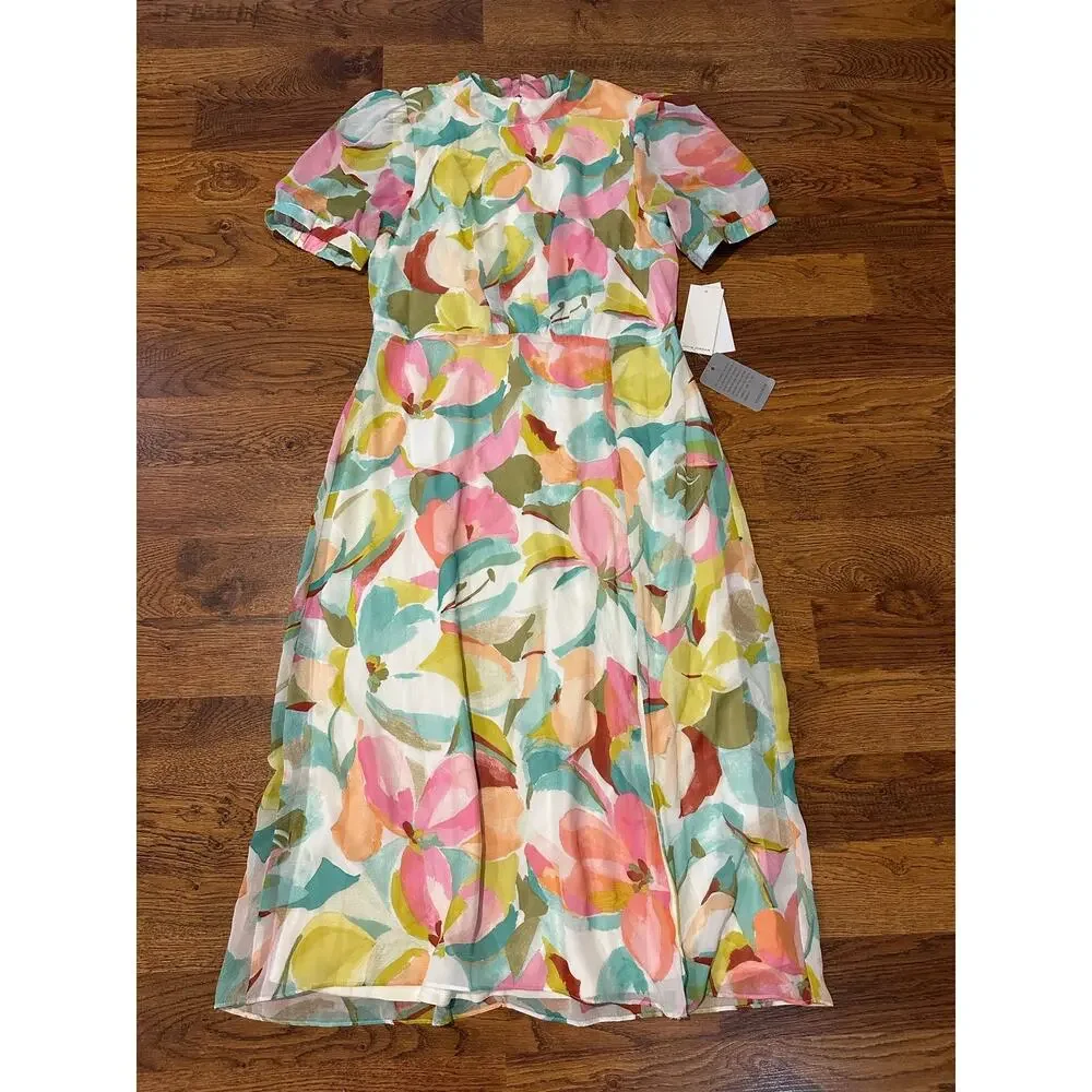 Julia Jordan Floral Puff Sleeve Midi Dress Chiffon Watercolor Women’s 10 NWT - Picture 2 of 12